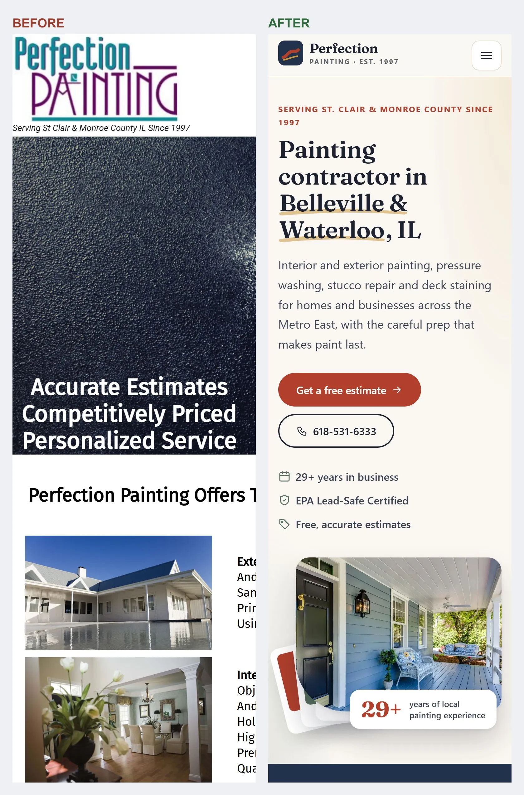Side by side on a phone. Before: the old Perfection Painting home page, with text cut off at the right edge. After: the new home page, with a large heading, a free estimate button, and a phone number button.